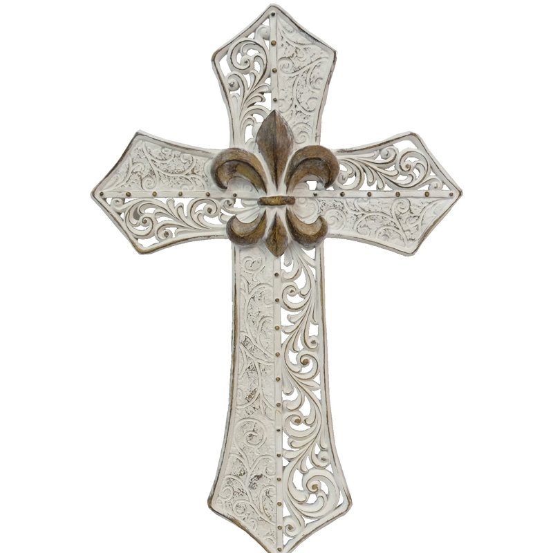 Polyresin Ornate Hollowed White Scrollwork with Fleur De Lis Hanging Wall Cross Décor