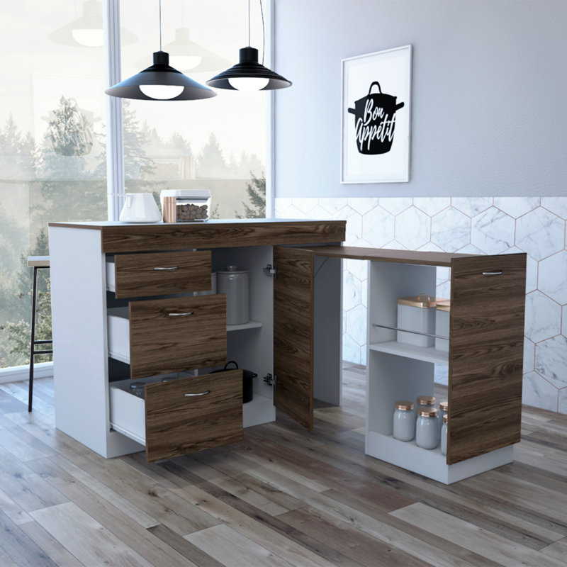 Armoire de cuisine Grecia, trois tiroirs, deux tablettes internes - blanc / noyer foncé