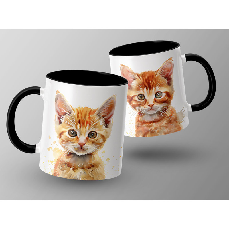 Cat Design 11oz Accent Mug – White Ceramic Coffee Cup with Colored Handle and Interior, Black, 2