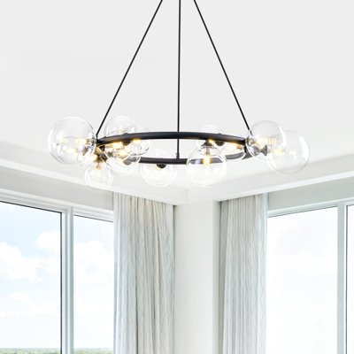 Lustre 15 lumières à globe moderne, îlot de cuisine rond 33 po avec abat-jour en verre transparent décalé, structure en métal noir mat, hauteur réglable de 23,6 po à 90,6 po, homologué UL pour la salle à manger