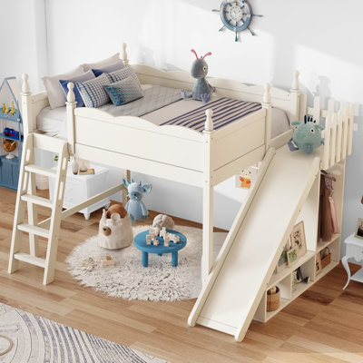 Full Solid Wood Loft Bed with Storage Shelves, Wardrobe, Detachable Slide and Ladders, No Box Spring Needed, Beige – Kids/Teen Bedroom
