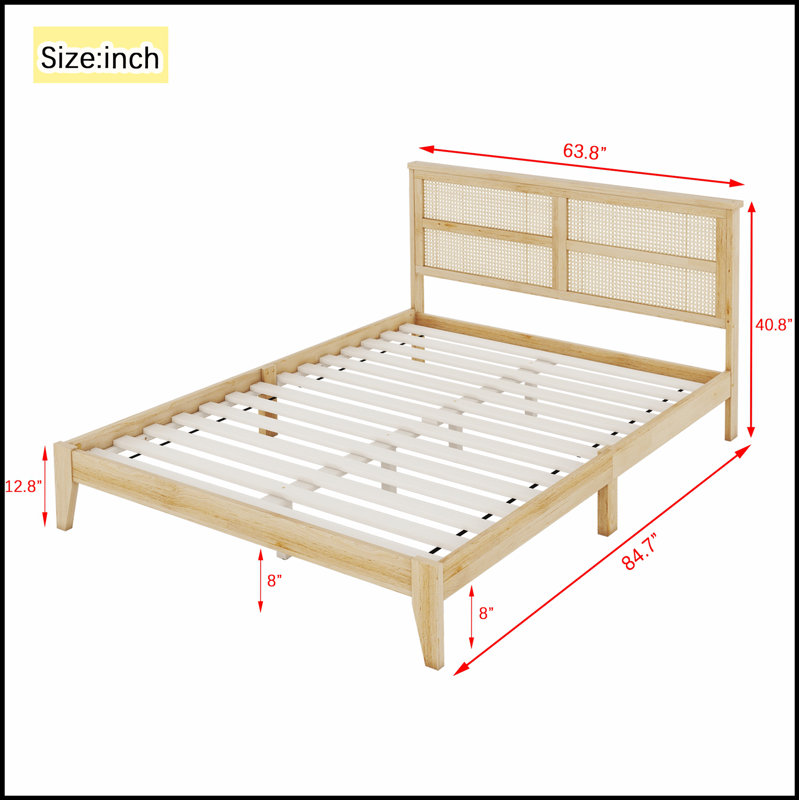 Lit en caoutchouc et bois avec tête de lit en rotin et pieds de soutien améliorés pour plus de durabilité et de rangement