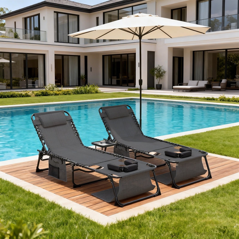 Fauteuil de bronzage face cachée avec trou d'accoudoirs, chaise longue pliante réglable à 5 positions pour bronzer (noir, 2 pièces)