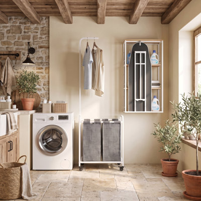 Complete Laundry Organizer – 3-Bag Sorter, Storage Shelf, Clothes Rack & Built-In Ironing Board for Small Spaces