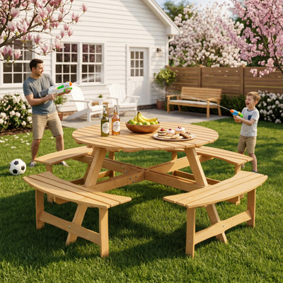 8 Person Wood Picnic Table, Outdoor Round Picnic Table with 4 Built-in Benches, Umbrella Hole, Outside Table and Bench Set for Patio, Backyard, 500lbs Capacity Per Bench