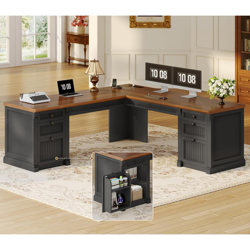 Bureau de direction en L à 4 tiroirs, bureau de direction 67 po x 67 po, Brun / Noir