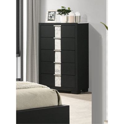 Contemporary Wooden Chest with Five Drawers and Metal Knobs, Perfect for Modern Bedroom Storage