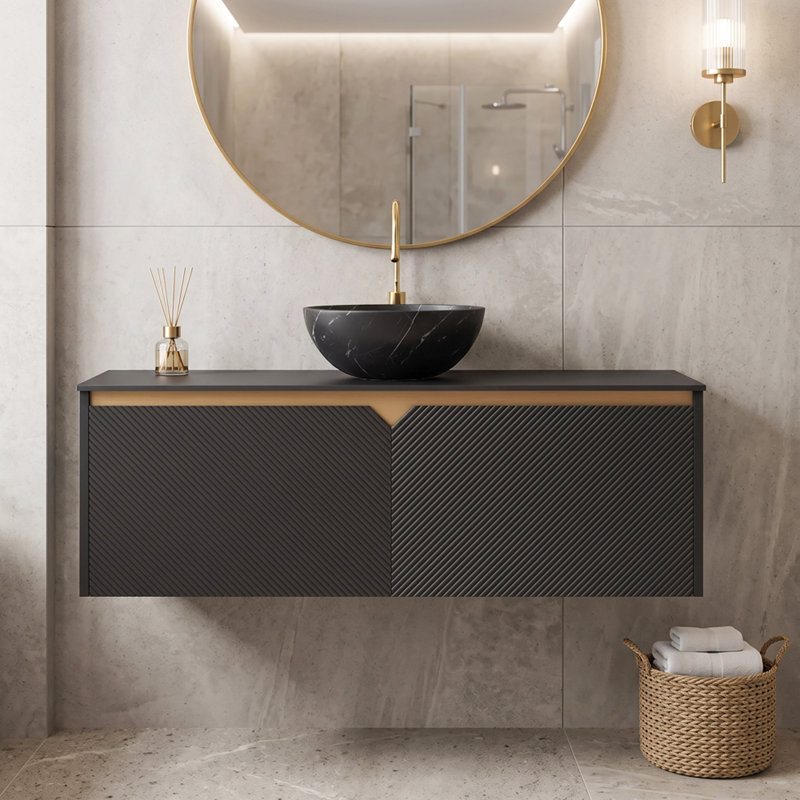 Meuble-lavabo mural 48 po en contreplaqué avec lavabos en céramique et portes doubles en sergé et armoire de rangement noir