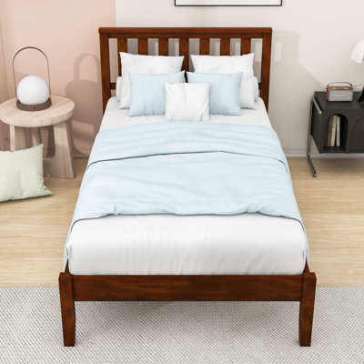 Twin Size Wood Platform Bed with Headboard and Slats