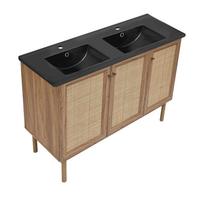 Classe 48 po Meuble-lavabo à double cuve en chêne brun avec comptoir en céramique noir à 3 trous