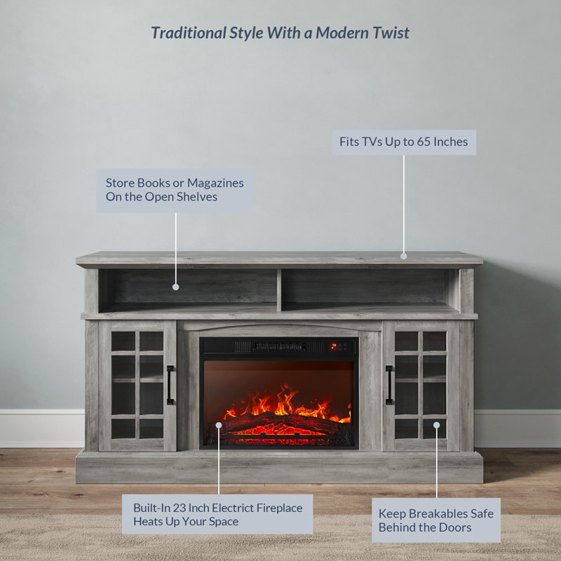 Ottavino TV Stand for TVs up to 65" with Fireplace Included, Gray Wash