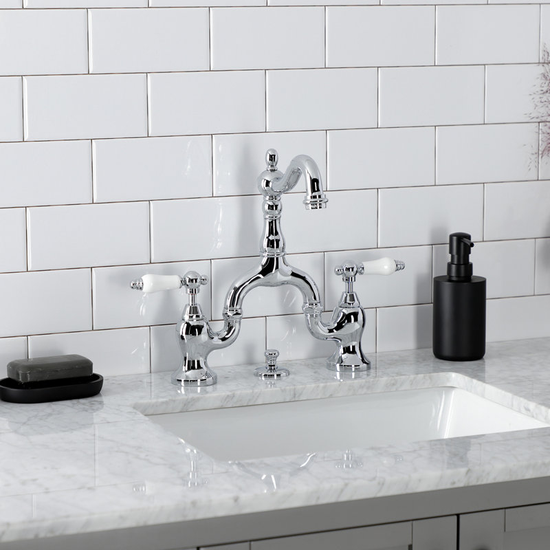 Kingston Brass English Country Two-Handle 3-Hole Deck Mount Bridge Bathroom Faucet with Brass Pop-Up, Polished Chrome