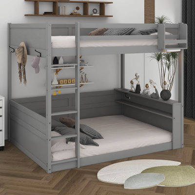 Queen Over Queen Wooden Bunk Bed With Built-In Shelves, Storage Box, LED Light And USB Charging Station, No Box Spring Needed by Latitude Run