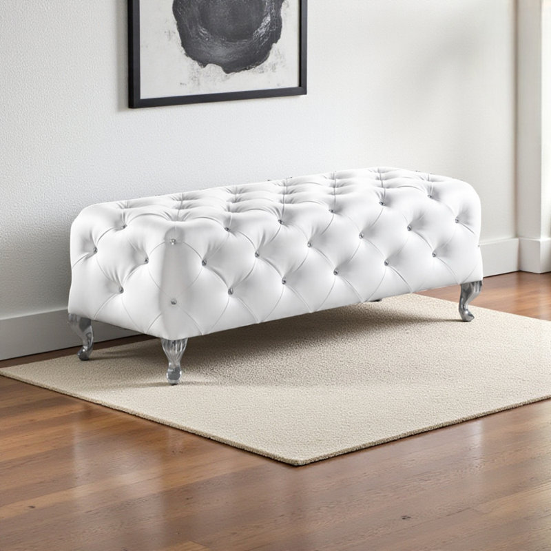 Banc rembourré en similicuir blanc avec capitonnage en cristal Zeinoun, H 19 po x l 54,5 po x P 19 po, Blanc