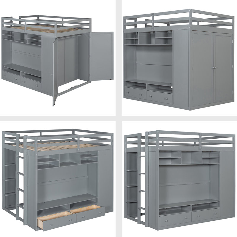 Lit mezzanine double avec tiroirs et tablettes, Gris