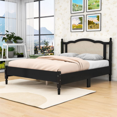 Chatmon Wooden Platform Bed with Natural Rattan Headboard and Slats Support