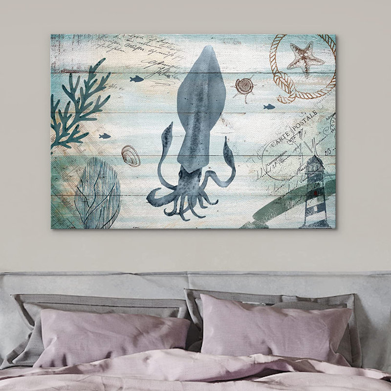 «Marine Lifes In The Sea Tropical Island Underwater Pastel Ocean Sea Squid Animals Nature», reproduction sur toile tendue