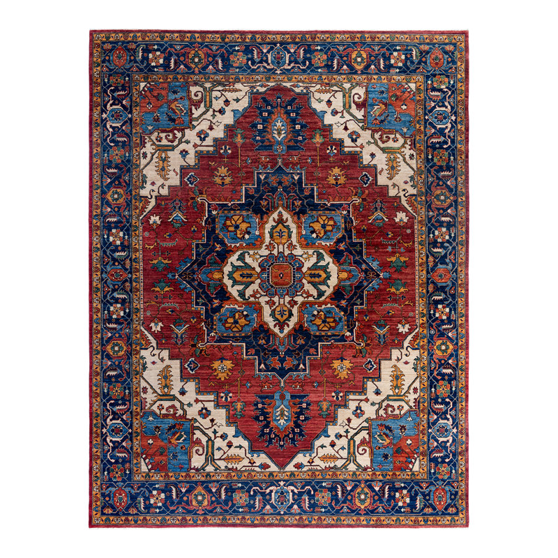 Hand-Knotted Red Wool Geometric Rectangular Area Rug, 9' 1" x 11' 8"