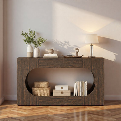 Console moderne en bois veiné, table d'entrée en panneaux de particules avec tiroir de rangement, table d'appoint étroite ovale ajourée pour canapé, idéale pour le hall d'entrée, le salon ou toute autre pièce, 30 cm (P) × 160 cm (L) × 80 cm (H)