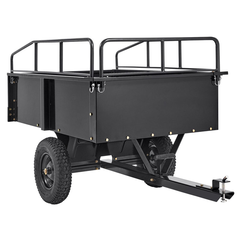 Chariot à benne robuste en acier pour VTT, capacité de 750 lb, 15 pieds cubes, acier, 1 pièce, remorque utilitaire, noir, pneus pneumatiques de 16 po et côtés amovibles