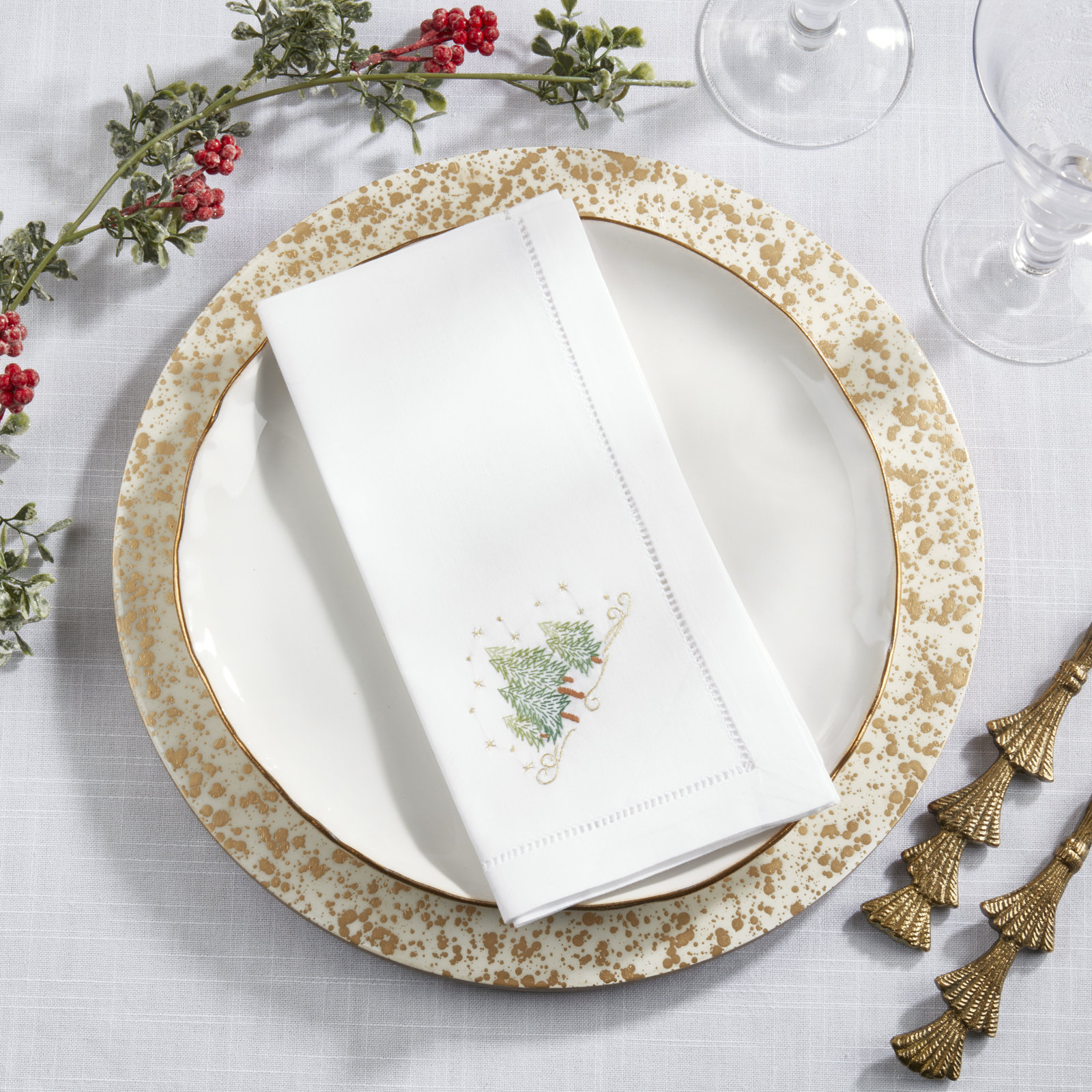 Embroidered Holiday Tree Cotton Napkin
