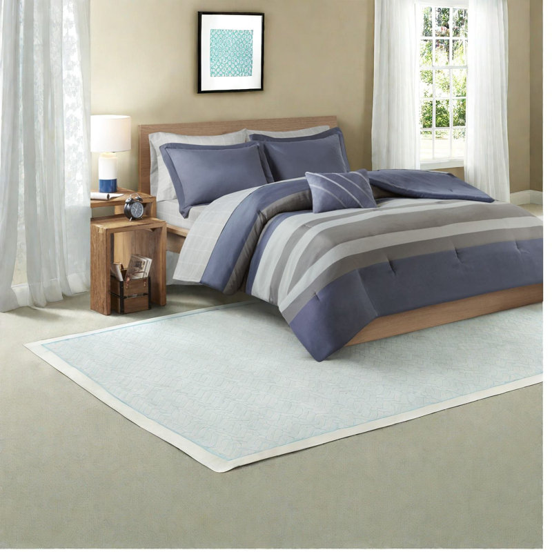 Ensembles de literie en polyester hypoallergénique, motif rayé bleu et gris pour la maison