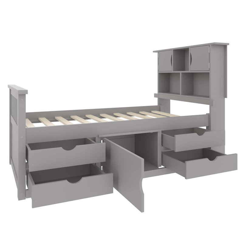 Base de lit plateforme simple avec bibliothèques de rangement et tablettes, 4 tiroirs
