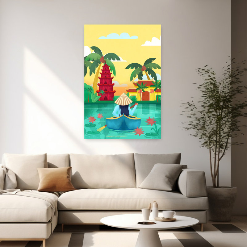 Art contemporain, paisible, serein, paisible, palmier, lotus, forêt, art, H 60 po x l 40 po