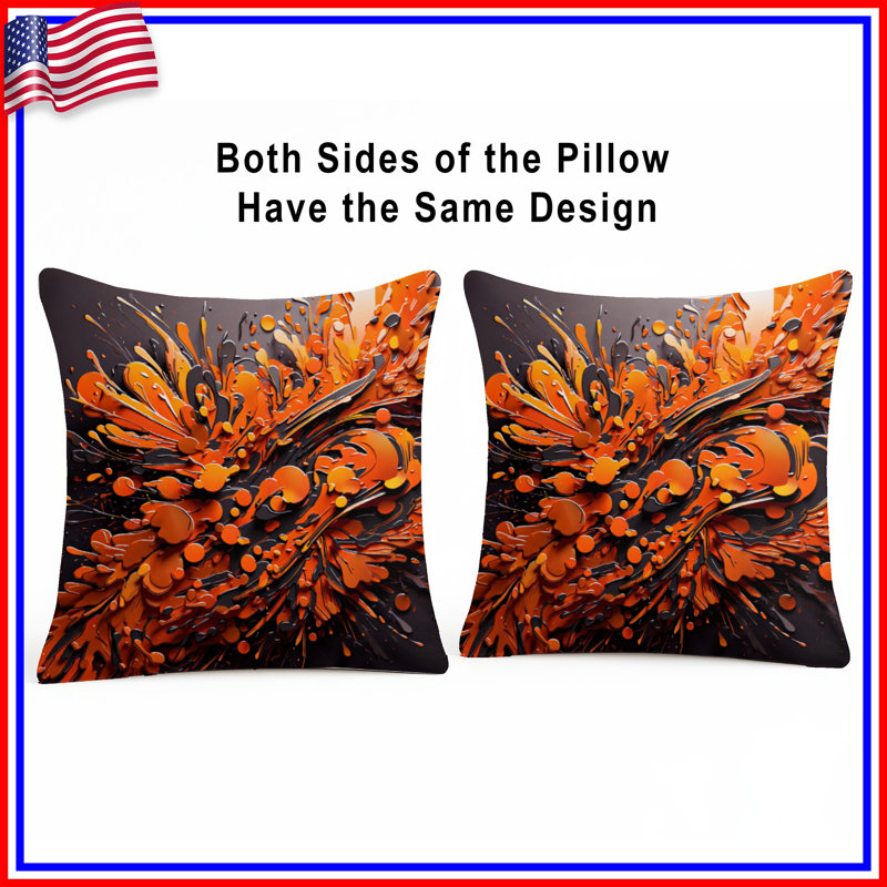 Orange Black Abstract Splatter Double Sided Throw Pillows, 14 x 14 inches