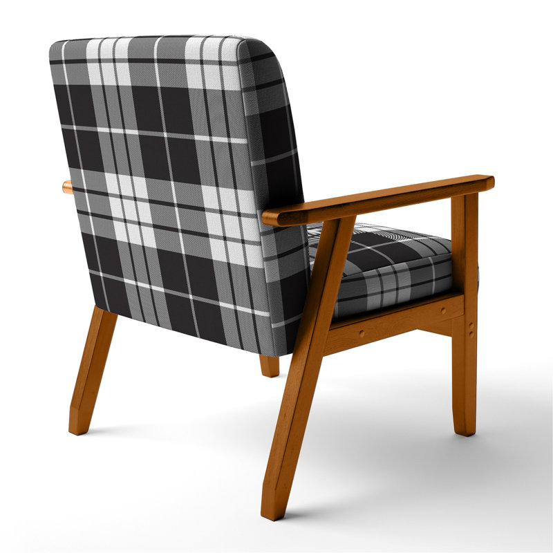 Fauteuil d'appoint rembourré à motif tartan à carreaux noir et argent, Accoudoirs carrés bruns