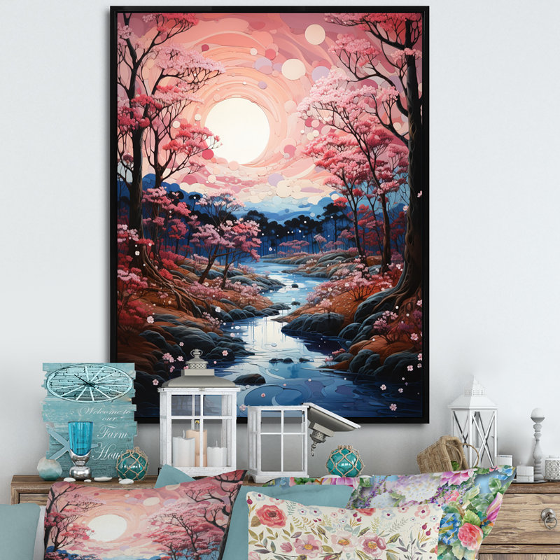 Dryades Japon Art Cherry Blossom River II, H 32 po x l 16 po x P 1 po, Cadre flottant noir