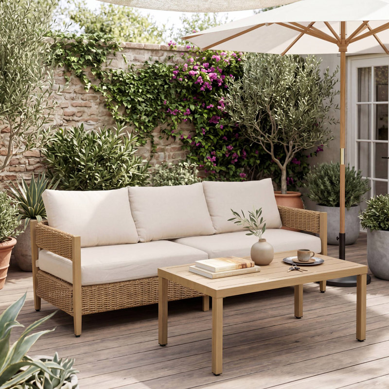 Koosharem Three-Seat Rattan Sofa With Coffee Table, Outdoor Rattan Patio Furniture Sets With Cushions, Beige