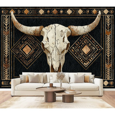 Papier peint adhésif décoratif en velours noir inspiré du sud-ouest Bohème mural en aztèque Longhorn de 69 po x l 96 po, papier peint amovible en PVC autocollant pour chambre à coucher, bureau à domicile, bureau Boho