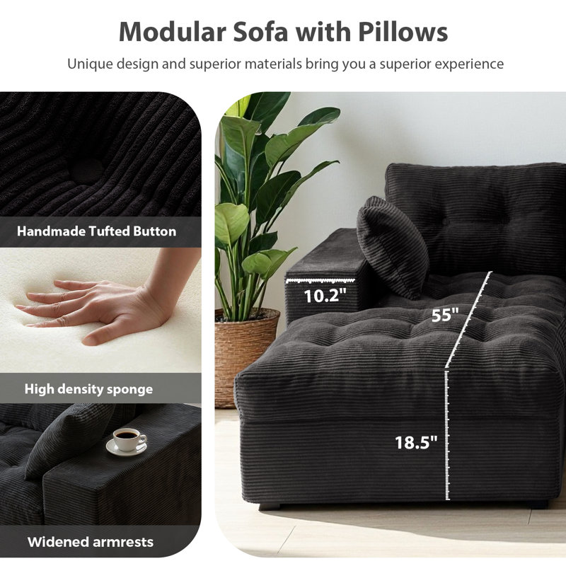 Canapé modulaire à compression 4 en 1 Corduroy Cloud, Noir, H 22 po x l 104 po x P 37,75 po
