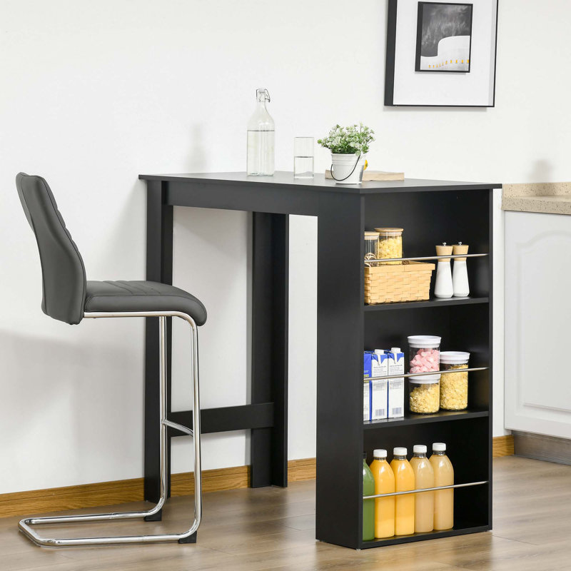 Black Wood Counter Height Bar Table with Storage Shelves