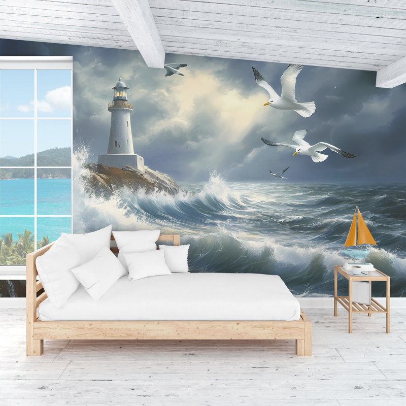 Papier peint paysage marin tempête orageuse - mur d'ondes dramatiques et tour de lumière côtière, L 120 po x l 80 po