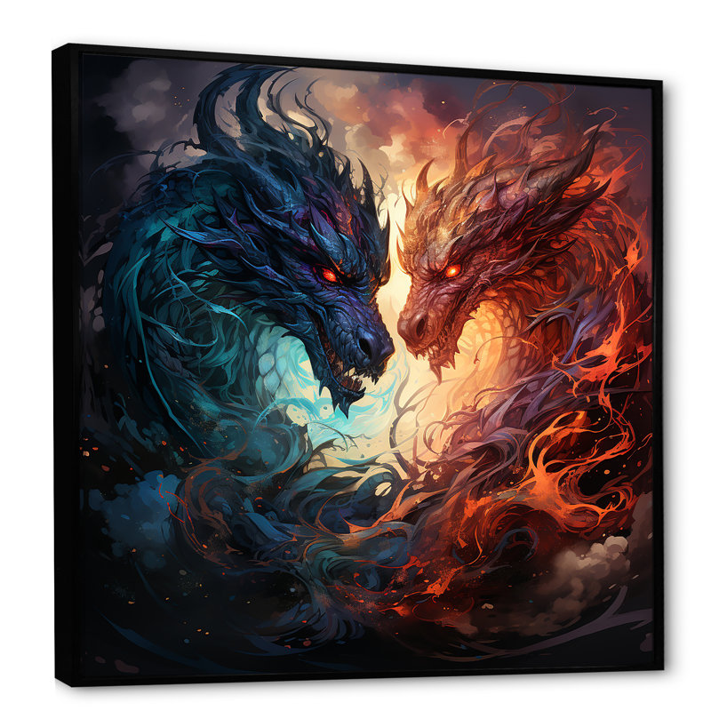 «Fire Breathing Dragons Lair III - Dragons», art mural, H 36 po x l 36 po x P 1,5 po, Cadre flottant noir