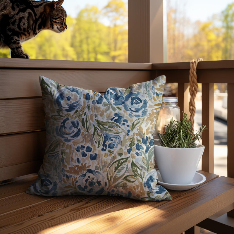 Housse de coussin bleu et vert à motif floral, H 19 po x l 19 po, Carré