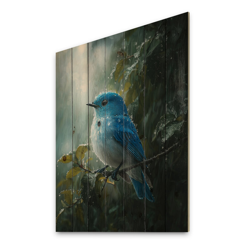 Oiseau bleu dans la forêt, pluie I - Art mural en bois oiseau - sur bois de pin naturel, H 44 po x l 34 po x P 0,78 po