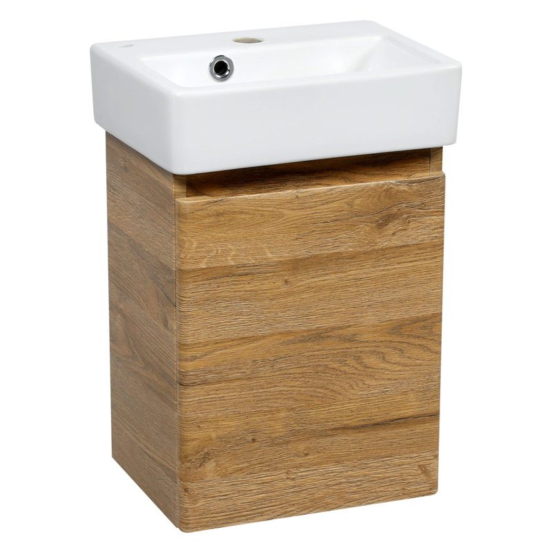 Mini-meuble-lavabo mural moderne avec lavabo Heidemarie, Teck naturel