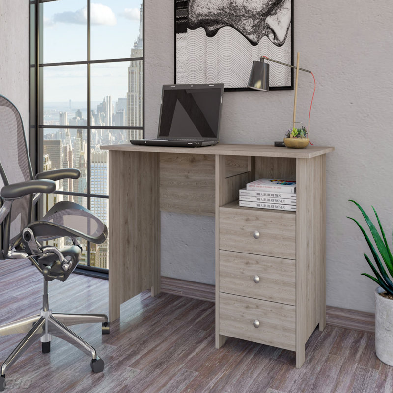 Bureau d'ordinateur avec tablette de rangement ouverte et 3 tiroirs