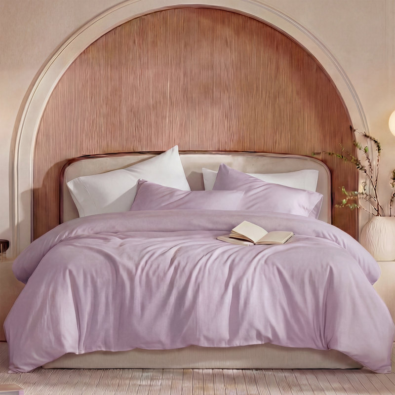 100% Washed Cotton Comforter Set King Size – Lavender Purple, Linen-Like Texture, Soft & Breathable Bedding Set, 3-Piece Durable Percale Comforter