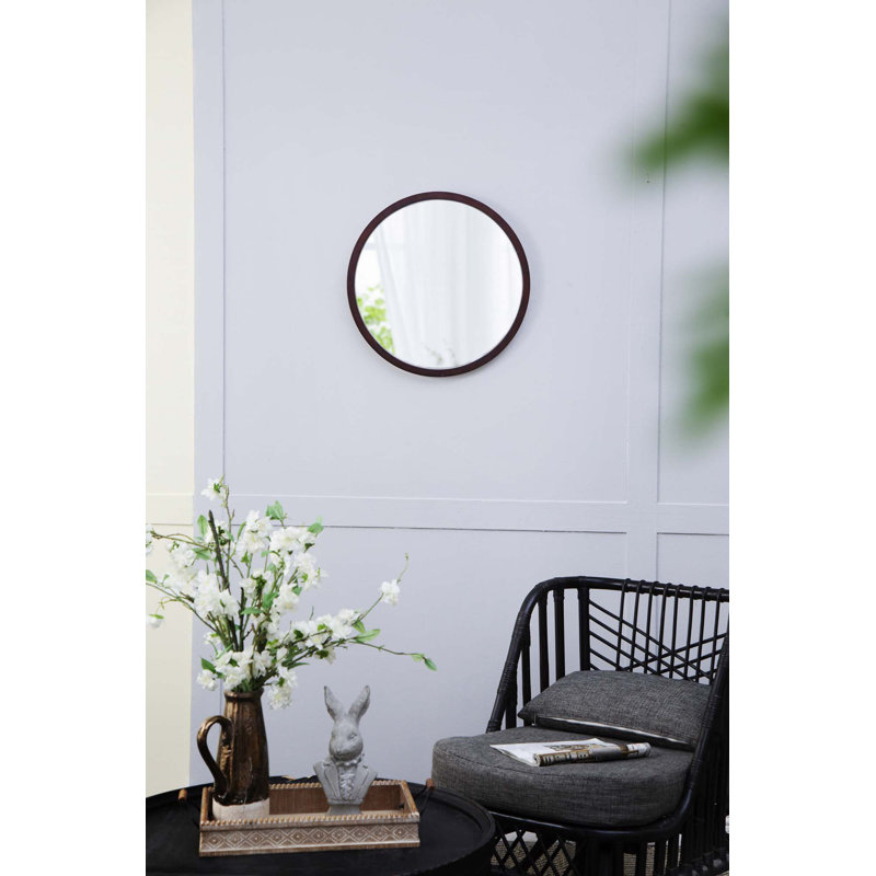 20"Circle Wall Mirror with Wooden Frame, Brown