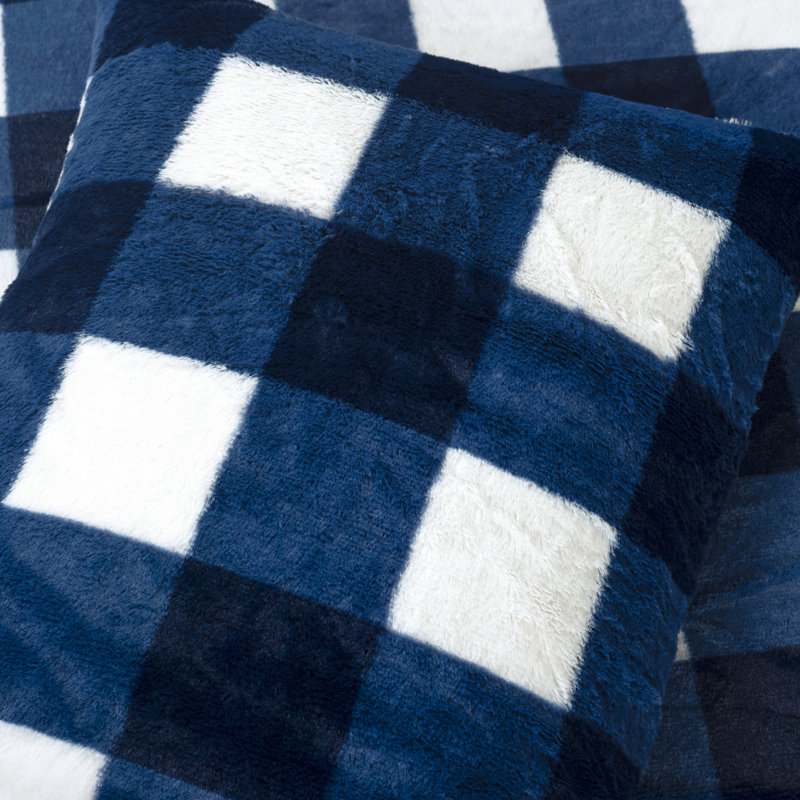 Navy and White Plaid Faux Fur Twin Comforter Set