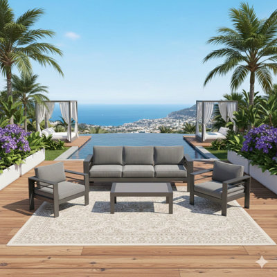 Ensemble de conversation 4 pièces pour patio moderne en aluminium 4 pièces, canapé d'extérieur 5 places avec coussins épais gris foncé et structure grise et table basse