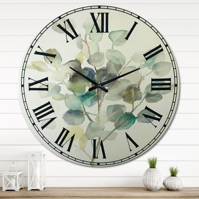 Eucalyptus feuilles I - Horloge murale traditionnelle, horloge murale en métal vert, Surdimensionné