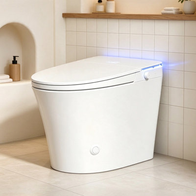 Toilette intelligente avec ouverture / fermeture automatique, bouclier en mousse, siège chauffant à hauteur confortable Ada, eau chaude / sécheuse, toilette bidet allongée moderne avec veilleuse pour la salle de bain