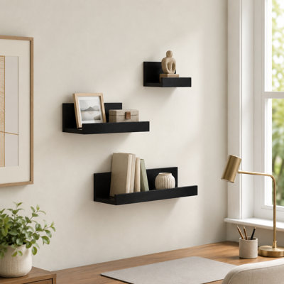 Modern Black Floating Shelves – MDF Wall Mount Storage with Hidden Brackets, Space-Saving Design for Living Room, Bedroom, Kitchen, Bathroom