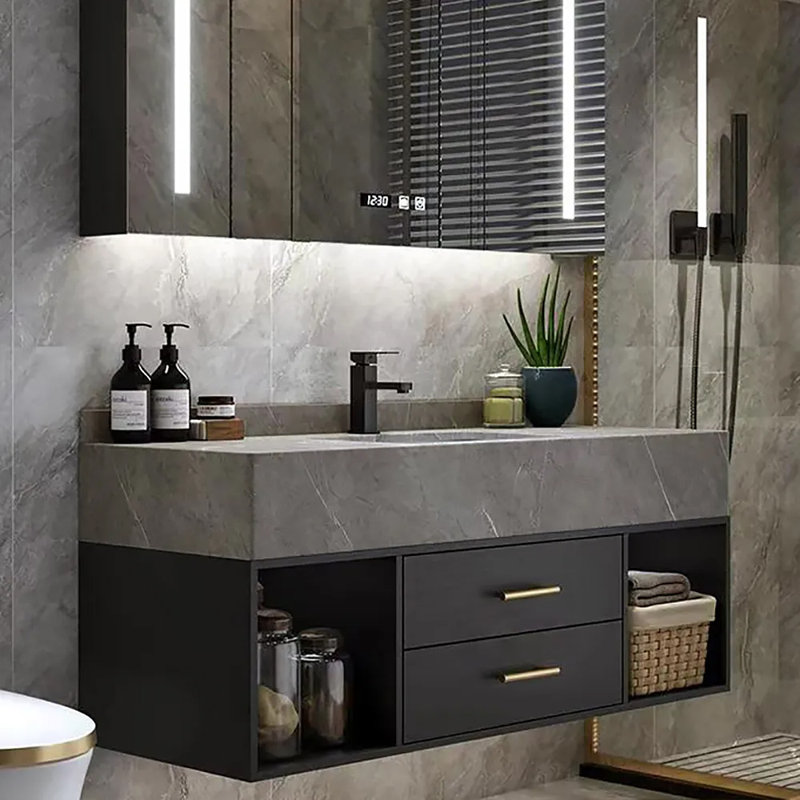Meuble-lavabo mural moderne flottant 39 po avec lavabo encastré encastré Chiverton, Gris, Noir et or, 39"