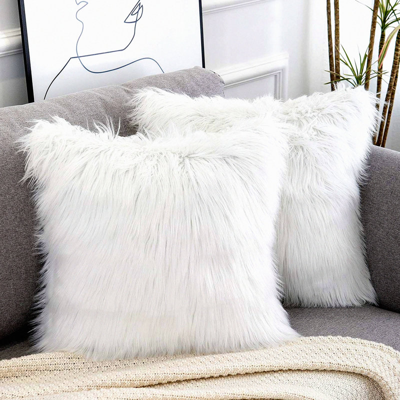 Luxury Merino Fluffy Pillow Covers - Set of 2 White Decorative Square Cushion Cases, New Series Throw Pillow Covers, Soft and Cozy